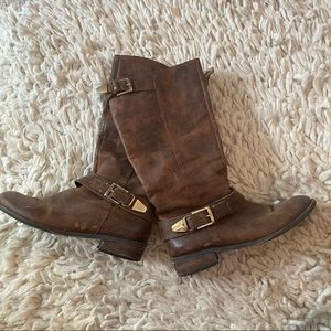 Steve Madden Warm Brown Leather Boots with Gold Accents